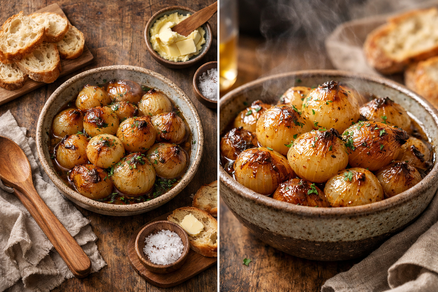 Beautiful finished air fryer onion boil served in rustic ceramic bowls on wooden table, golden caramelized onions glistening with herbs spri