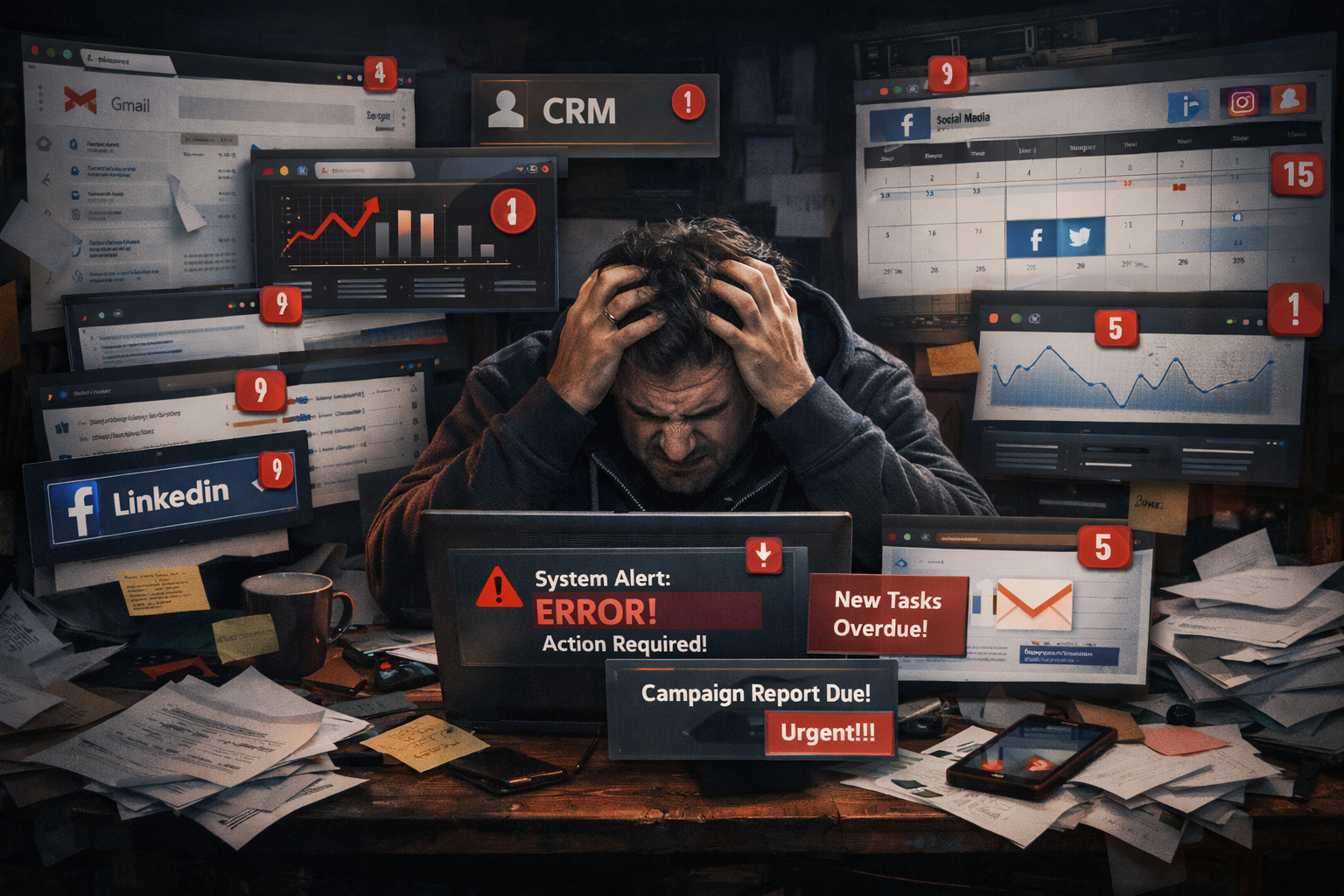 Landscape format (1536x1024) image showing a chaotic digital workspace with 10+ marketing tool icons scattered across multiple browser tabs