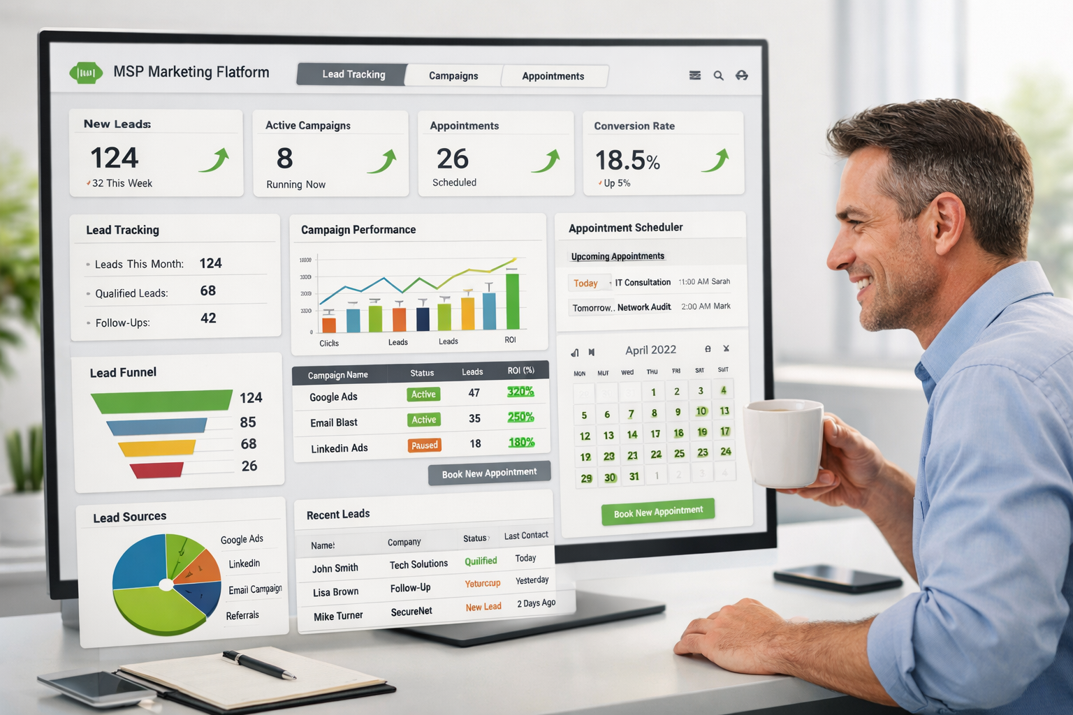 Landscape format (1536x1024) clean, organized dashboard interface showing integrated MSP marketing platform with unified lead tracking, camp
