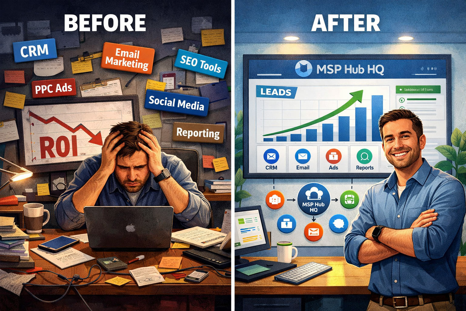 Landscape format (1536x1024) split-screen comparison showing 'Before vs After' - left side displays cluttered marketing tool chaos with mult
