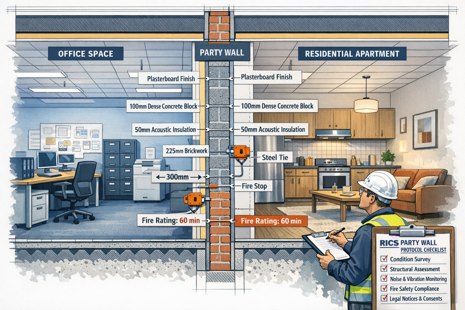 () detailed technical illustration showing cross-section cutaway view of shared party wall between office space and