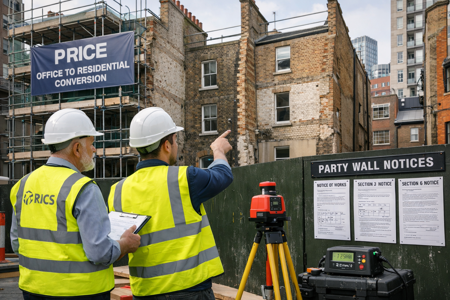 () professional photograph of urban street scene showing terraced commercial buildings undergoing office-to-residential