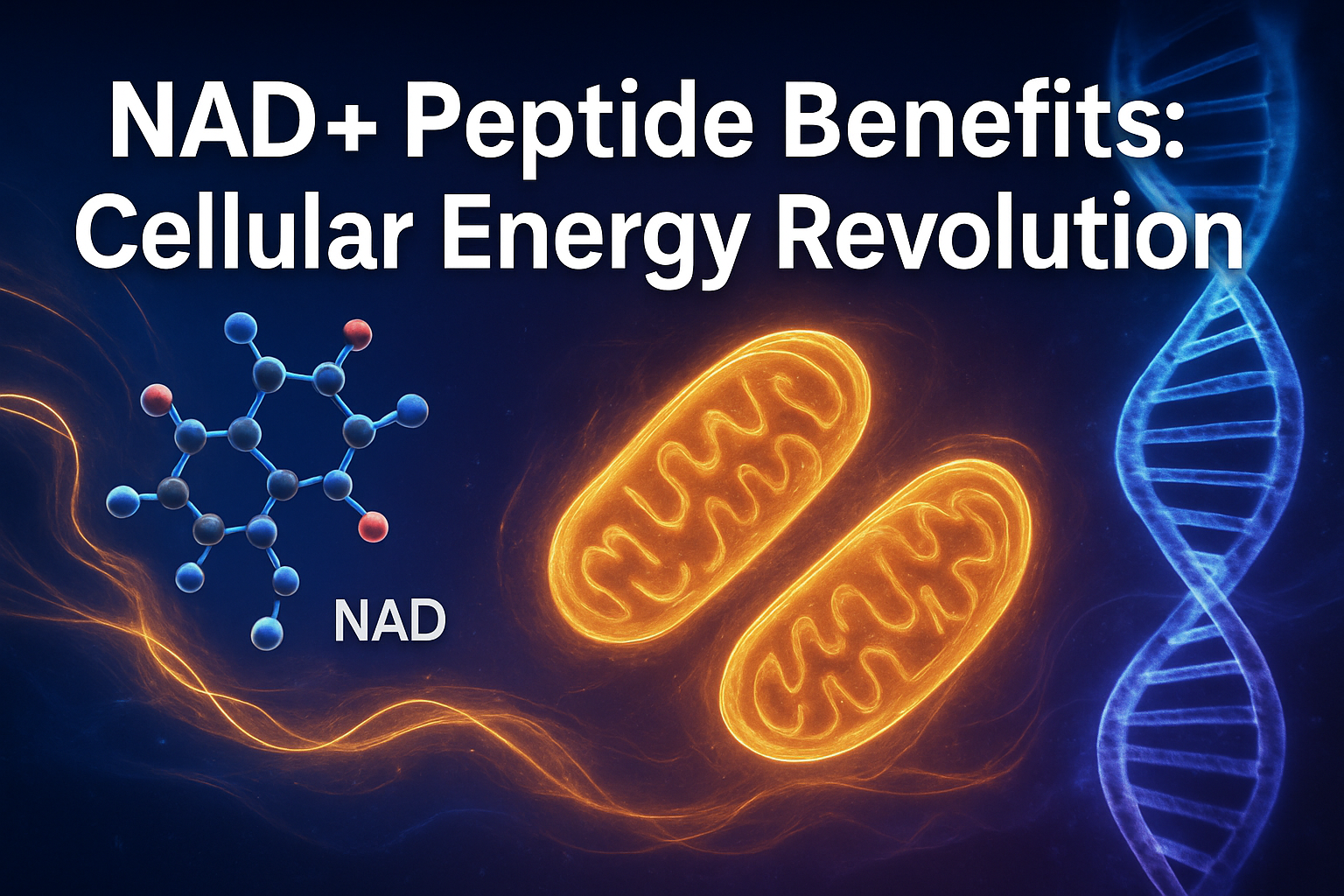 Professional landscape hero image (1536x1024) featuring bold text overlay 'NAD+ Peptide Benefits: Cellular Energy Revolution' in extra large