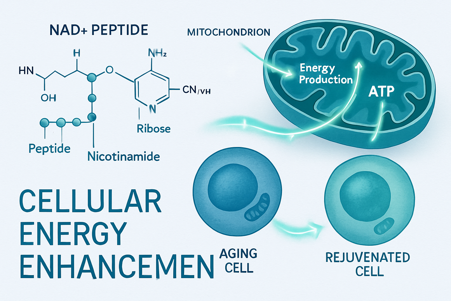 Detailed scientific illustration (1536x1024) showing NAD+ peptide molecular structure with labeled components, cellular mitochondria in cros