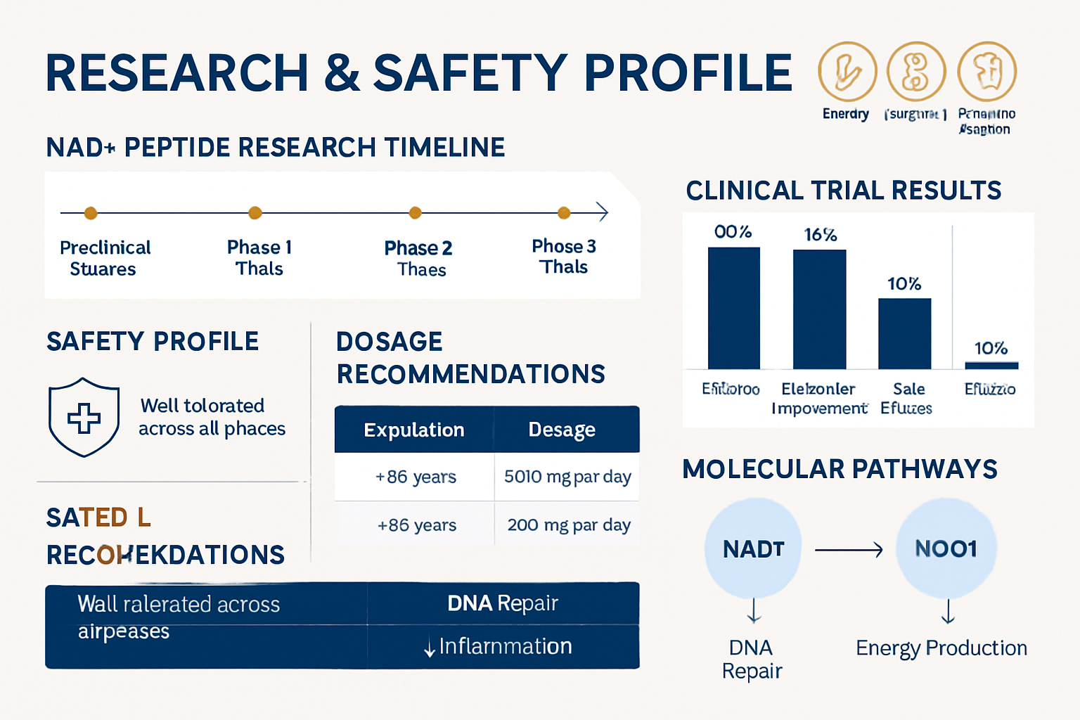 Professional infographic layout (1536x1024) displaying NAD+ peptide research timeline from 2020-2025, clinical trial results in bar chart fo