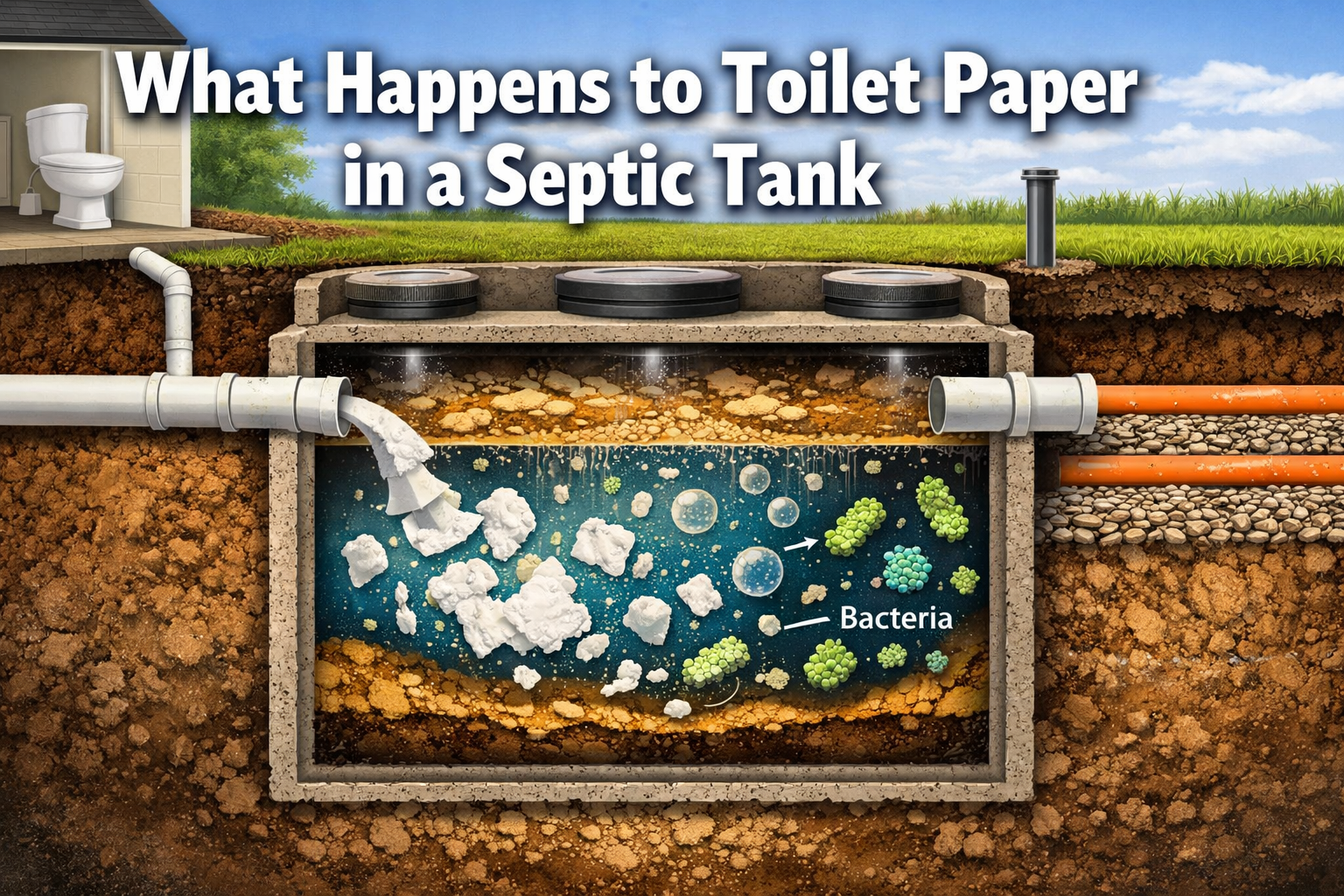 Professional landscape format (1536x1024) hero image with bold text overlay 'What Happens to Toilet Paper in a Septic Tank' in extra large 7