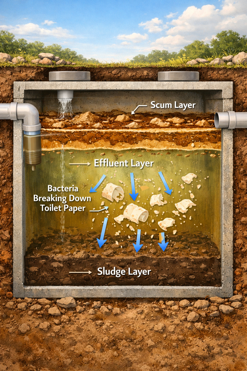 Portrait format (1024x1536) detailed cross-section illustration of septic tank showing three distinct layers - scum layer at top, effluent i