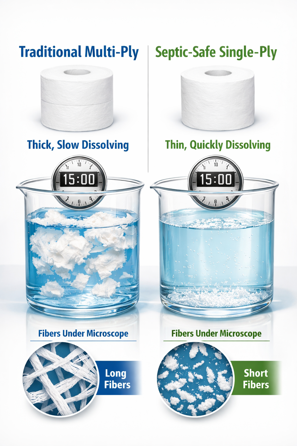 Portrait format (1024x1536) comparison visual showing two types of toilet paper side by side - traditional multi-ply toilet paper on left (t