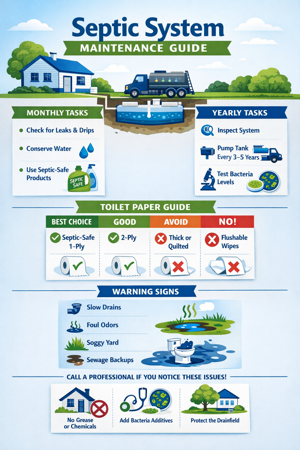 Portrait format (1024x1536) infographic showing septic system maintenance timeline and best practices. Calendar layout with monthly, yearly 