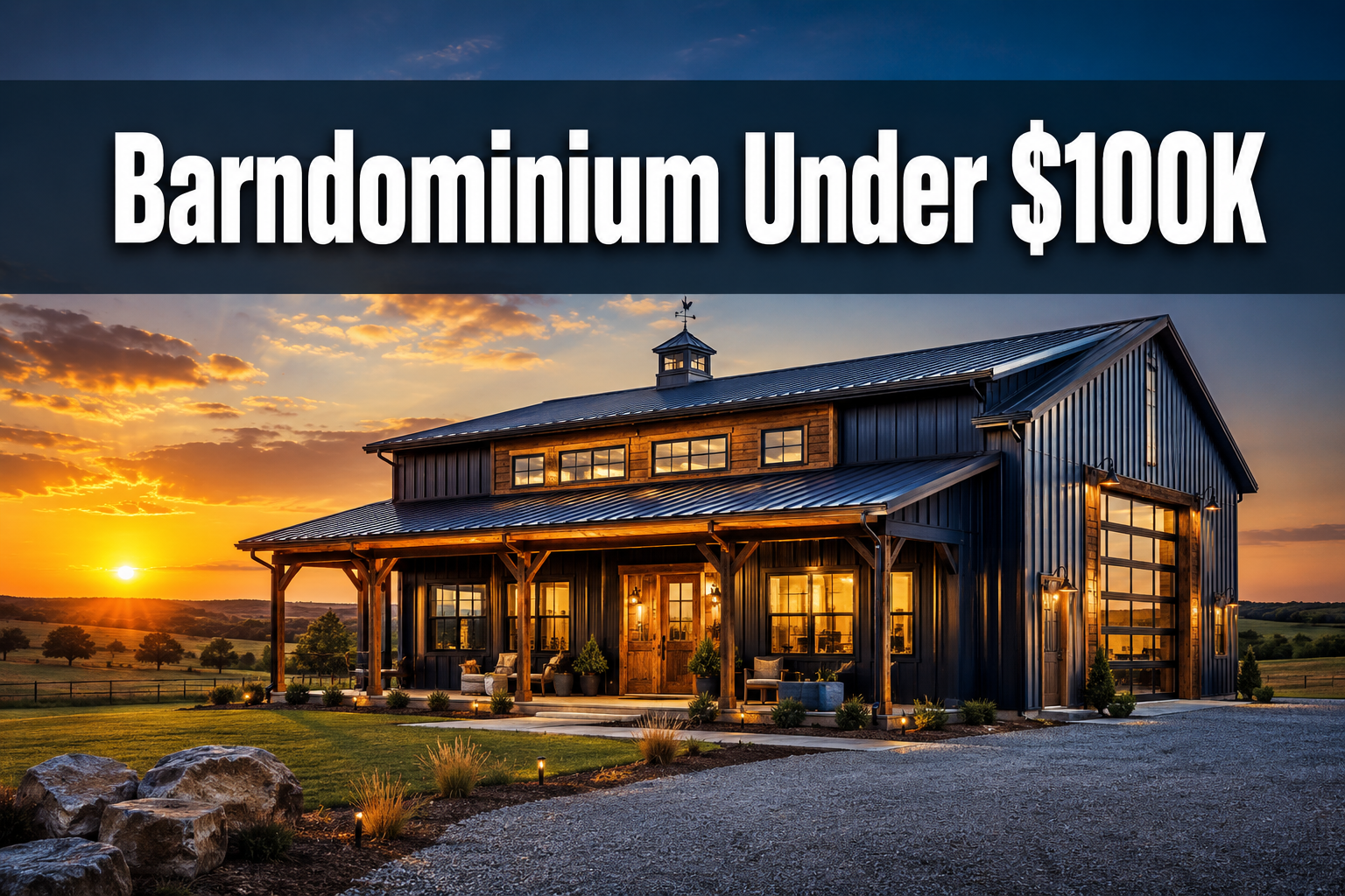 Professional () hero image with : 'Barndominium Under Cover Image00K' in extra large white with dark drop , centered in upper third