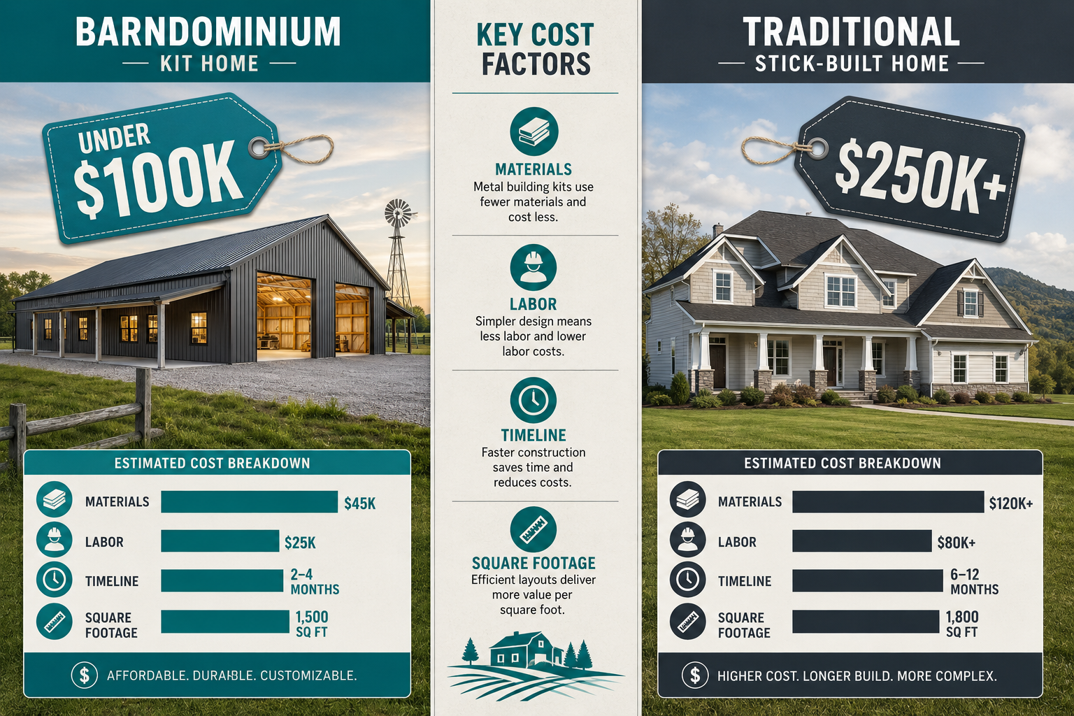 Detailed () editorial infographic showing a side-by-side cost comparison between a barndominium kit home and a traditional