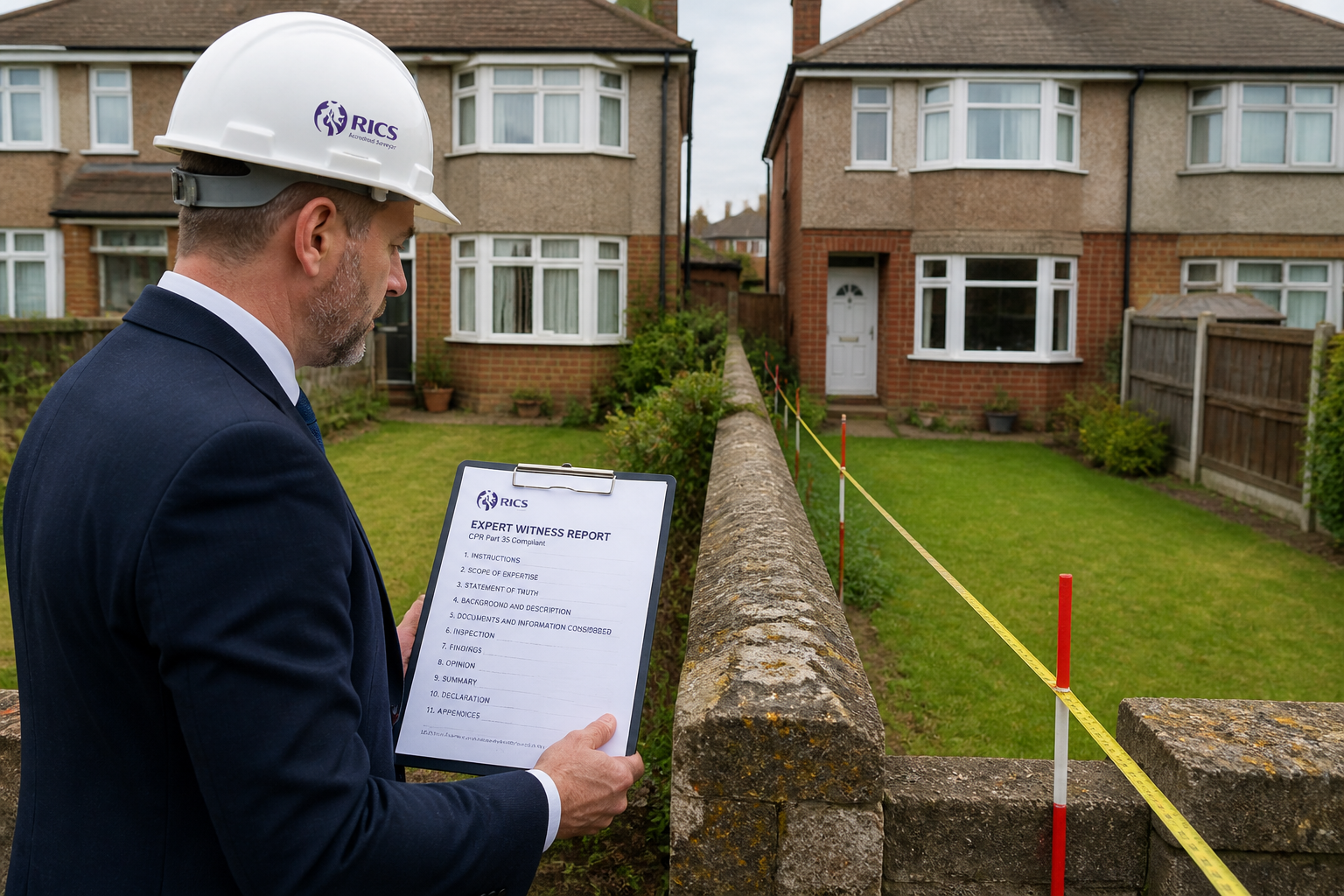 Detailed () image showing a RICS-accredited surveyor in a hard hat and suit standing at a disputed garden boundary wall,