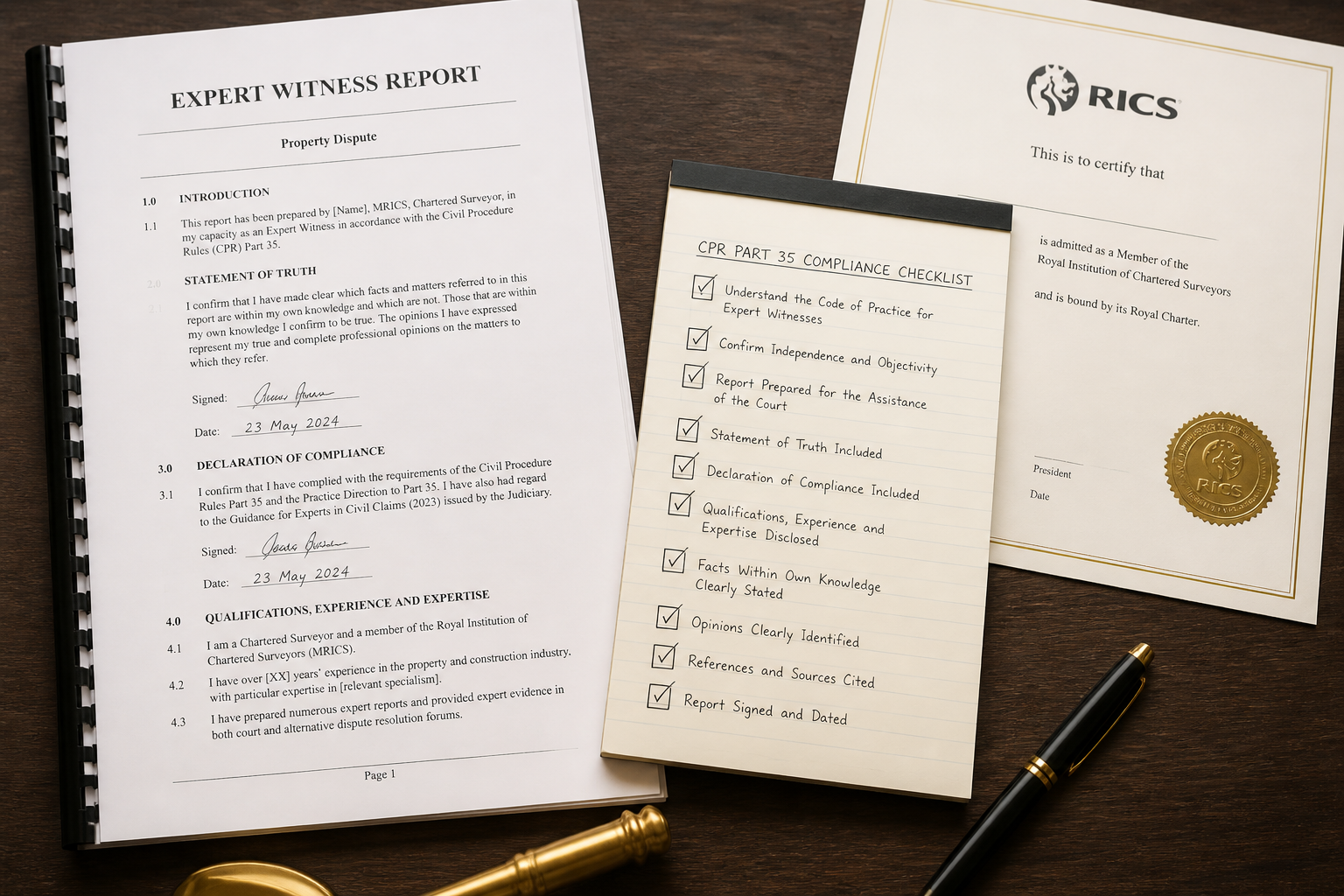 () flat-lay overhead shot of a desk covered with a structured expert witness report document, a CPR Part 35 compliance