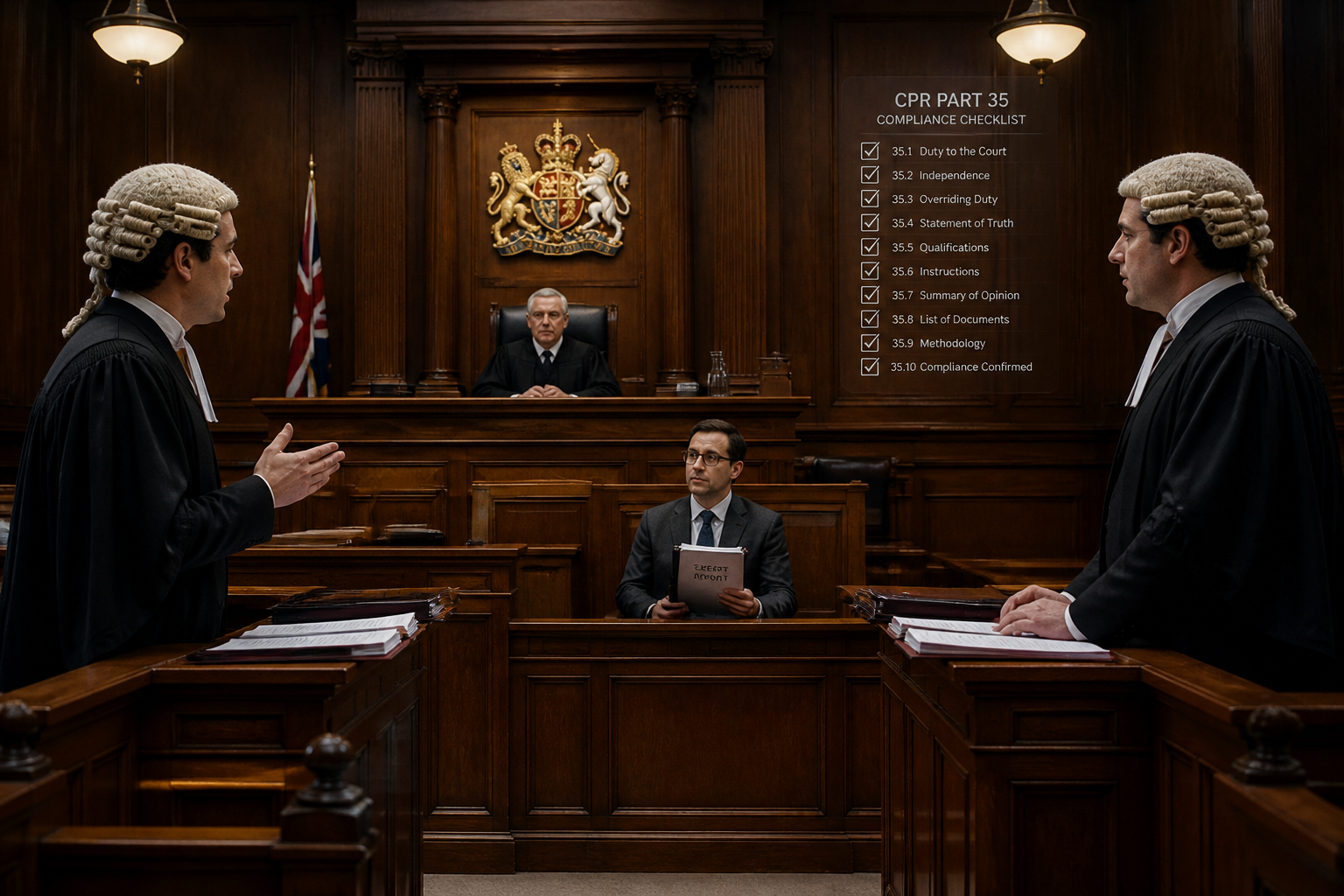 () wide-angle view inside a formal UK civil courtroom showing two opposing barristers at their benches, with a surveyor