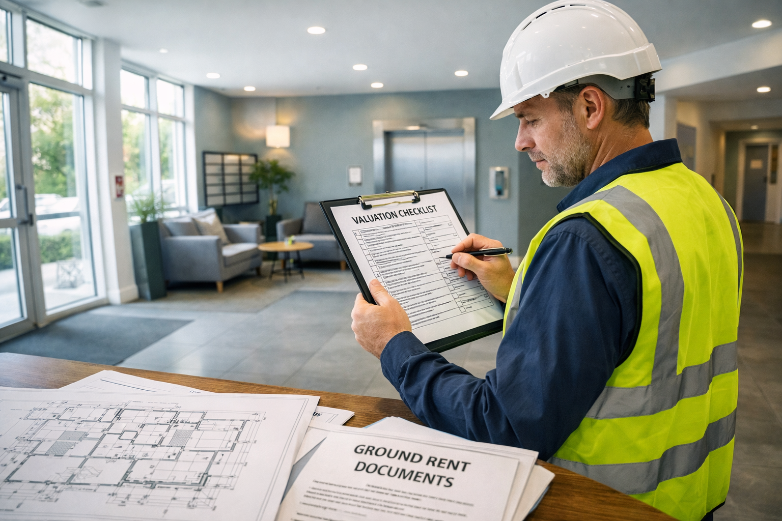 Wide-angle interior shot of a professional building surveyor in a hard hat and hi-vis vest reviewing a detailed valuation