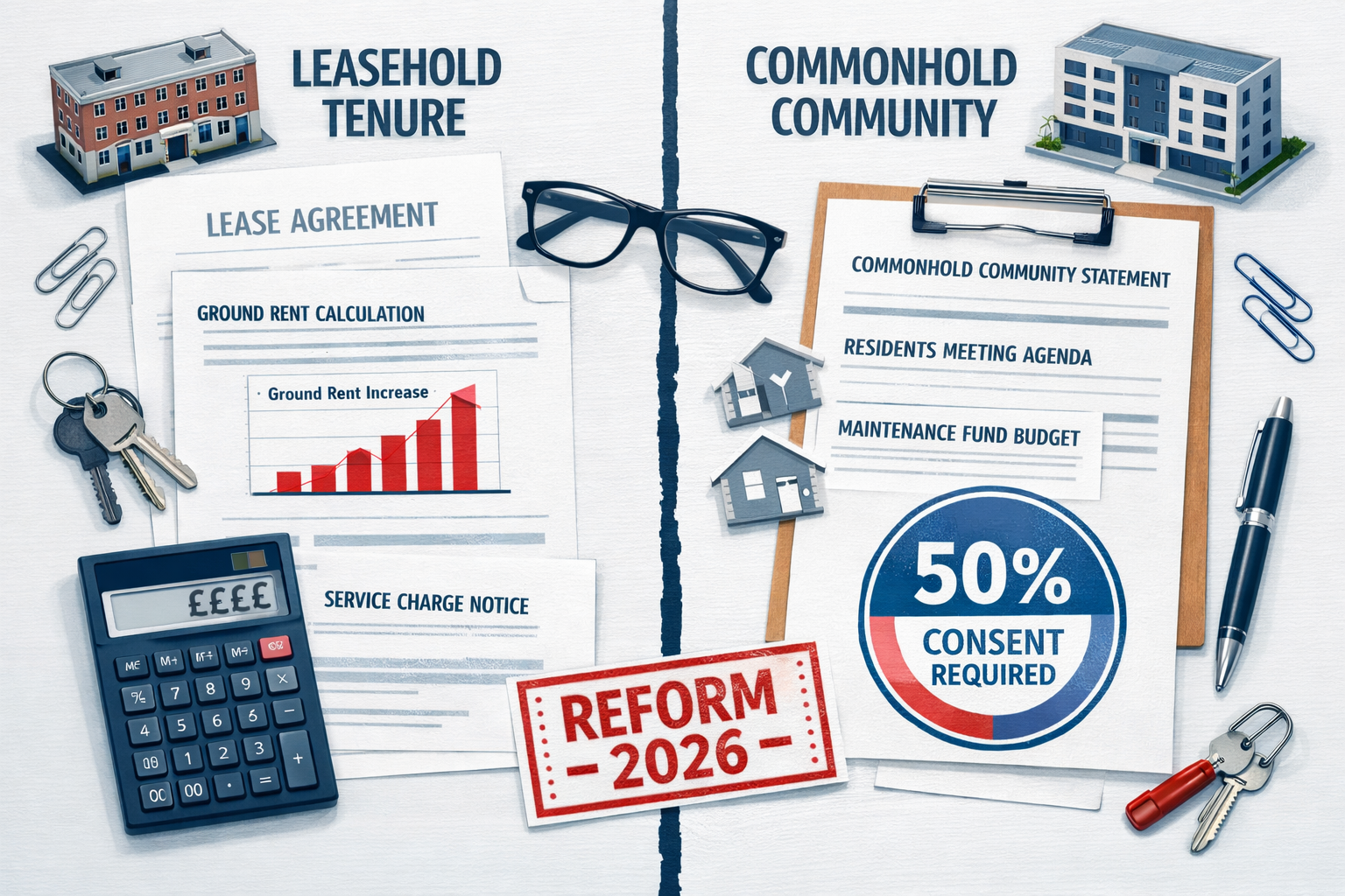 Flat-lay infographic-style illustration showing a split comparison between traditional leasehold tenure documents and new