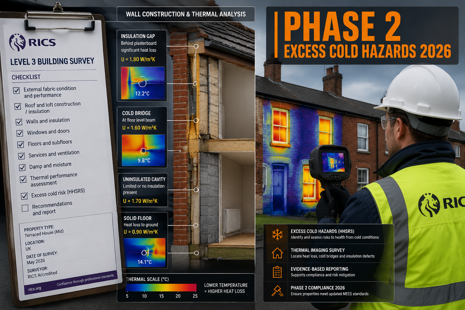 Detailed () showing a split-scene infographic: left side displays a RICS Level 3 building survey checklist on a clipboard