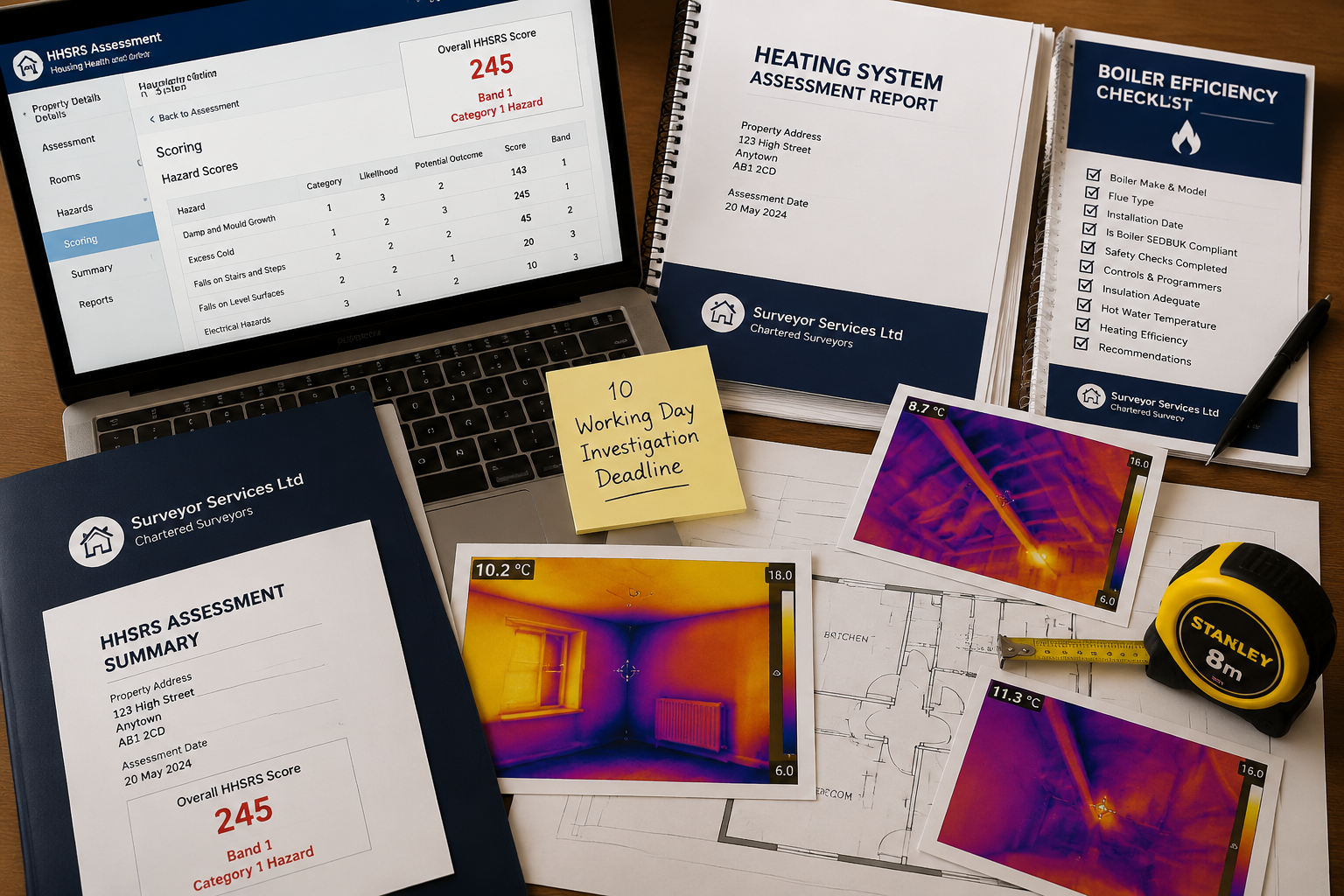 Detailed () depicting a close-up overhead view of a surveyor's workstation with a laptop showing HHSRS scoring software, a