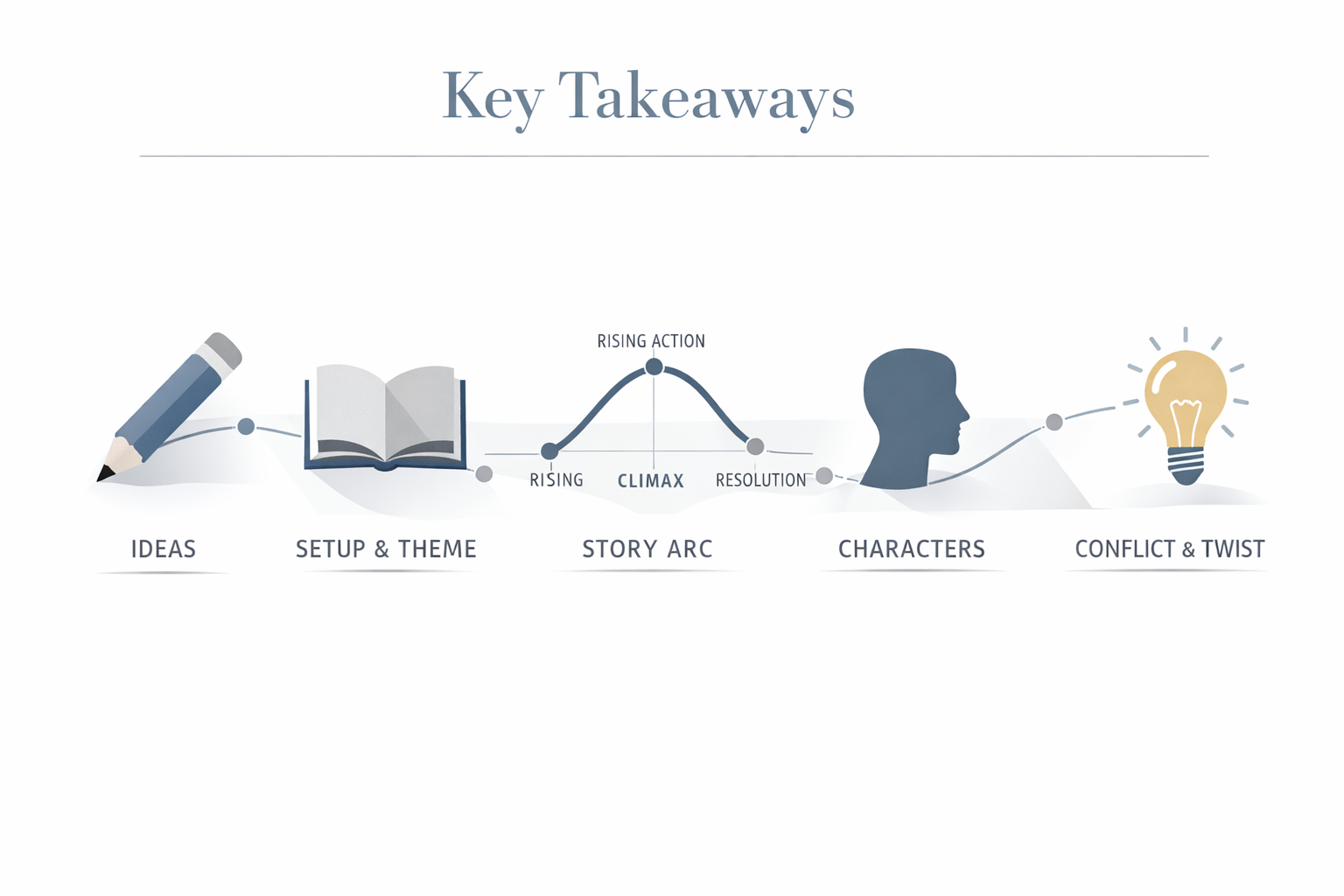 Key Takeaways infographic with minimalist design, featuring 5-6 stylized icons representing core story writing concepts: pencil, open book, 