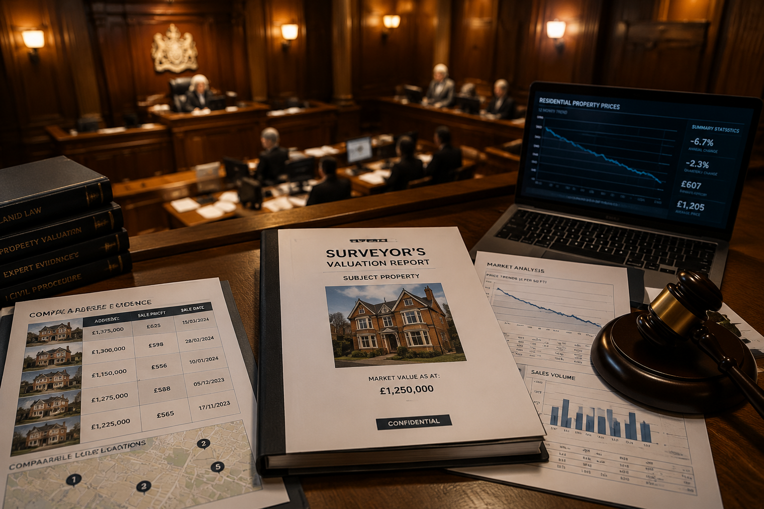 Aerial bird's-eye view of a UK courtroom interior with a surveyor's valuation report document prominently displayed on a