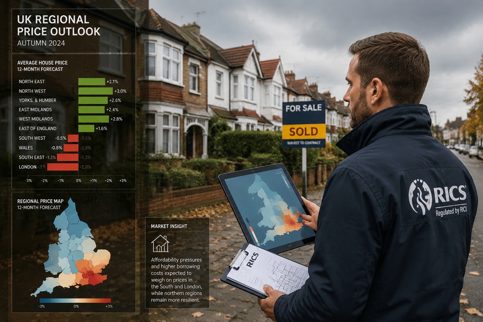 Wide-angle shot of a professional RICS-registered surveyor standing outside a row of UK suburban homes with a clipboard and