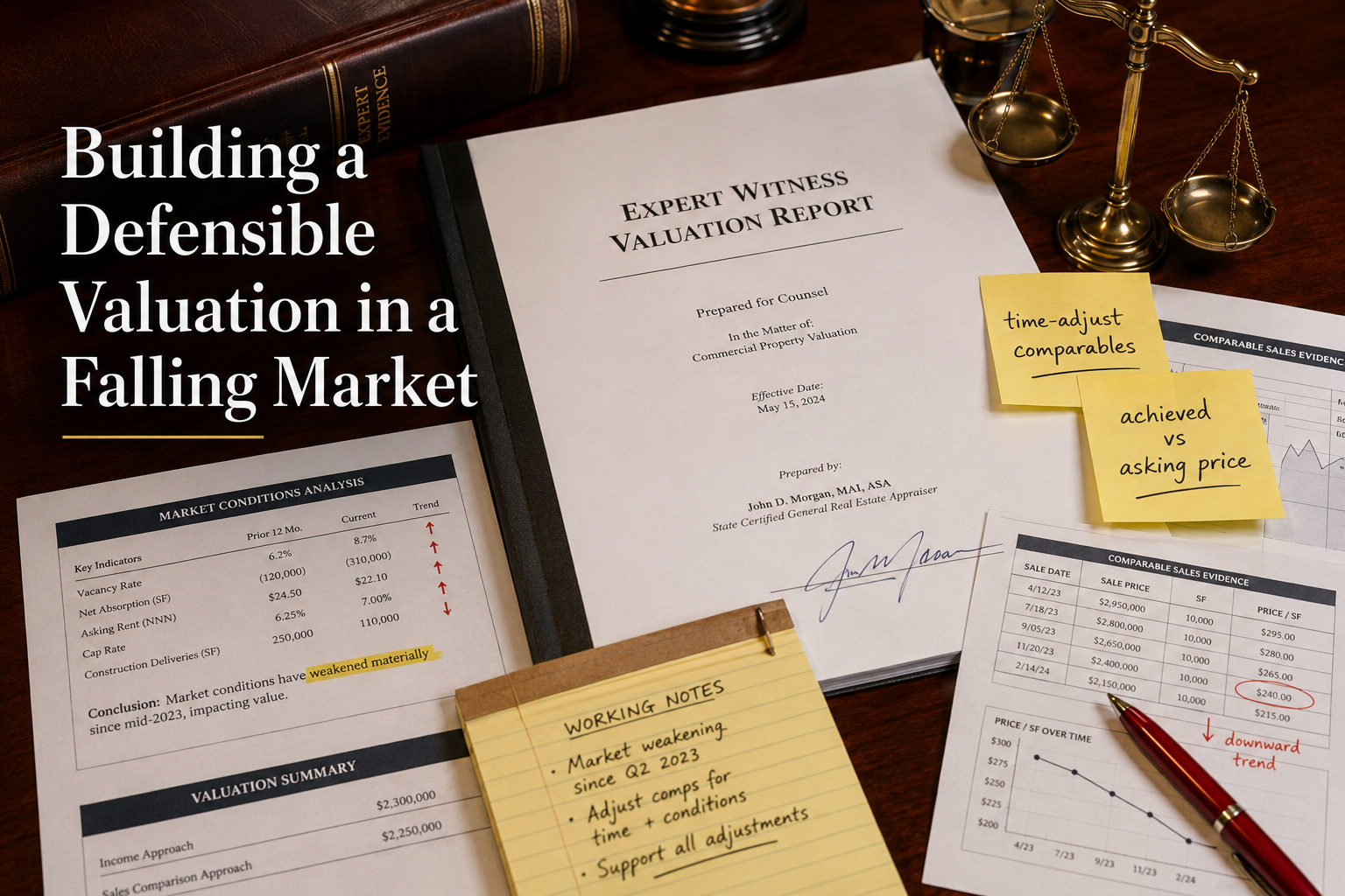 Close-up flat-lay of a formal expert witness valuation report on a mahogany desk, surrounded by highlighted comparable sales