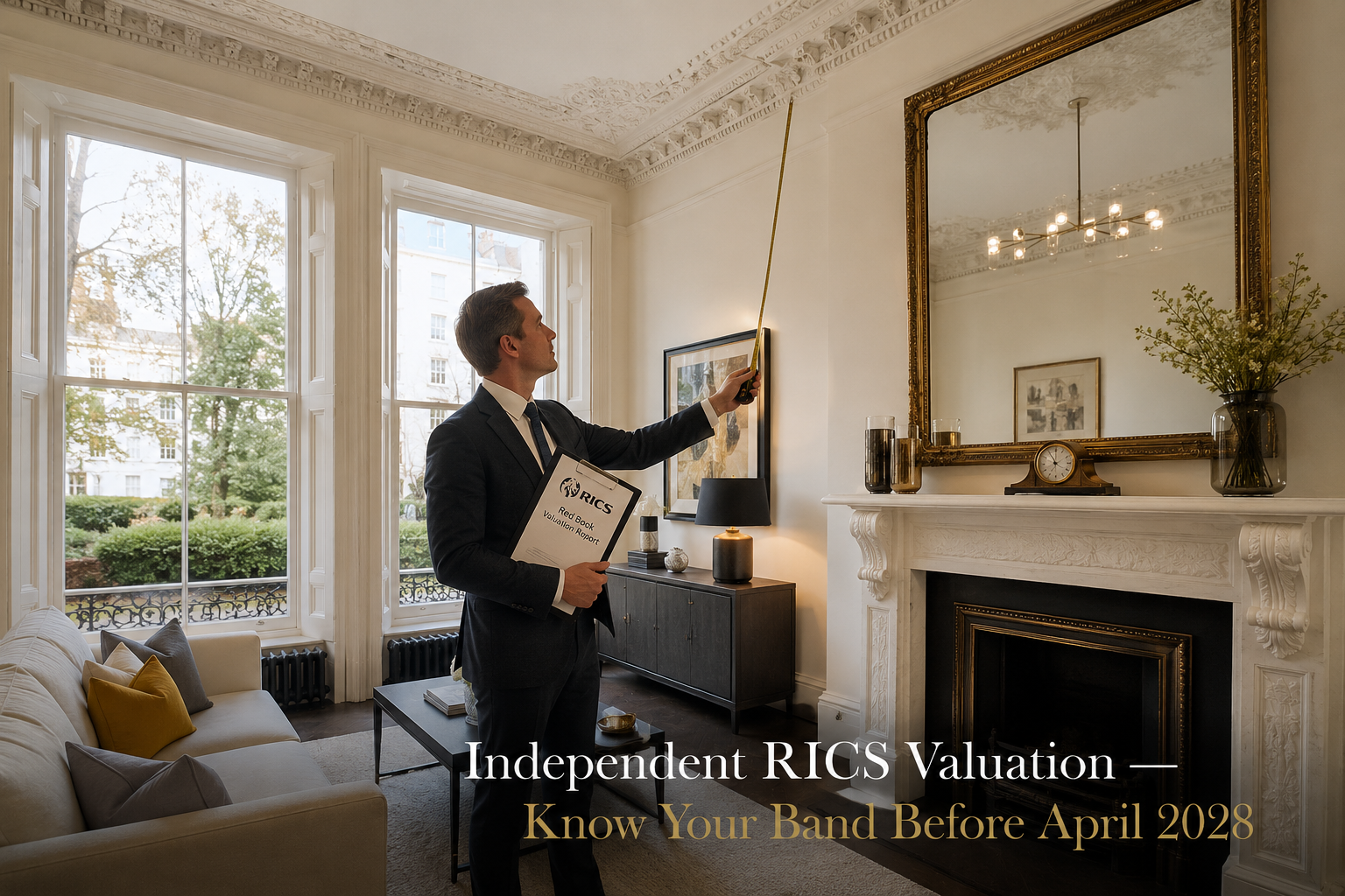 () scene showing a RICS-accredited chartered surveyor in a tailored suit conducting a formal Red Book valuation inspection