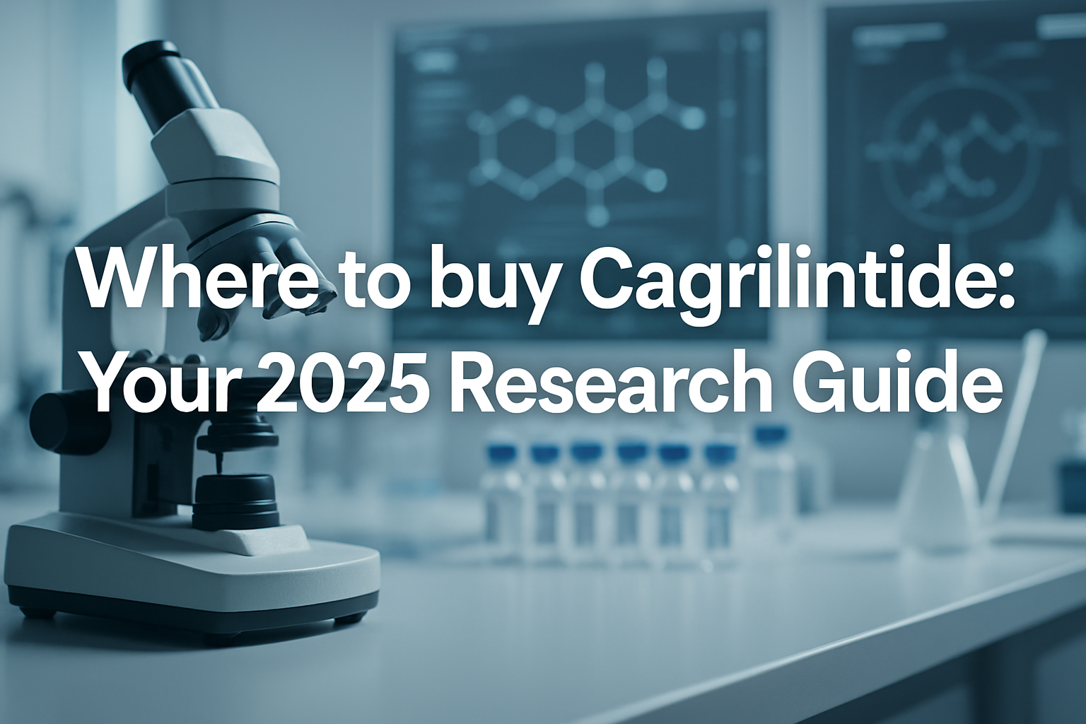Professional landscape hero image (1536x1024) featuring bold text overlay: 'Where to buy Cagrilintide: Your 2025 Research Guide', in extra l