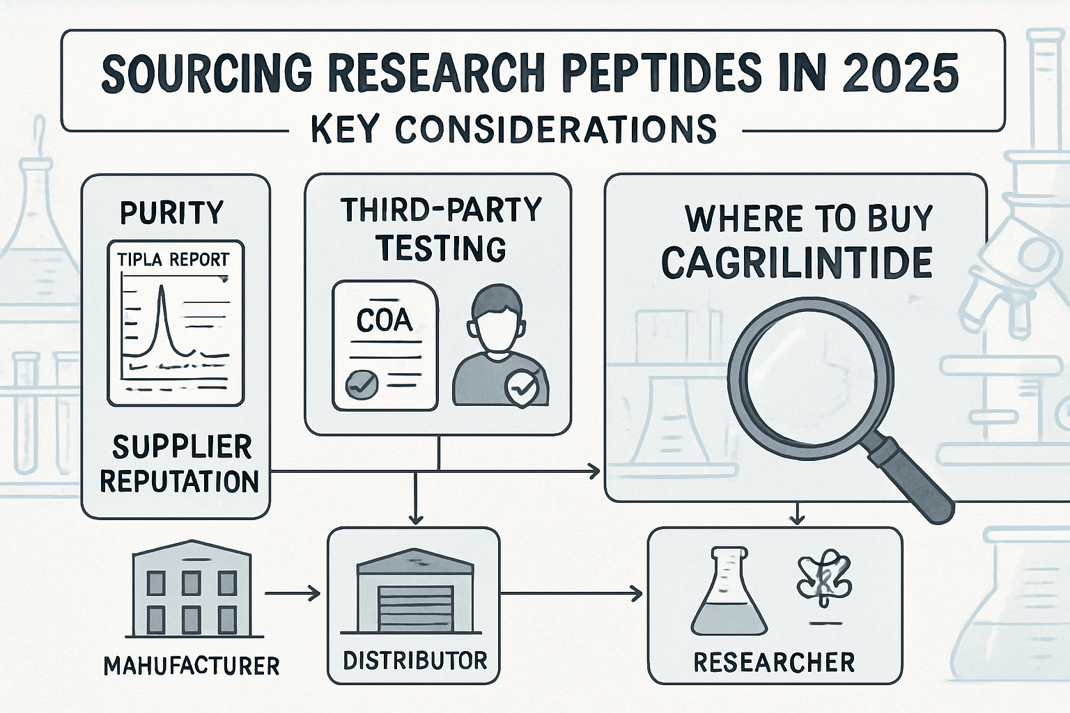 A detailed infographic illustrating the key considerations for sourcing research peptides in 2025, specifically highlighting factors like pu