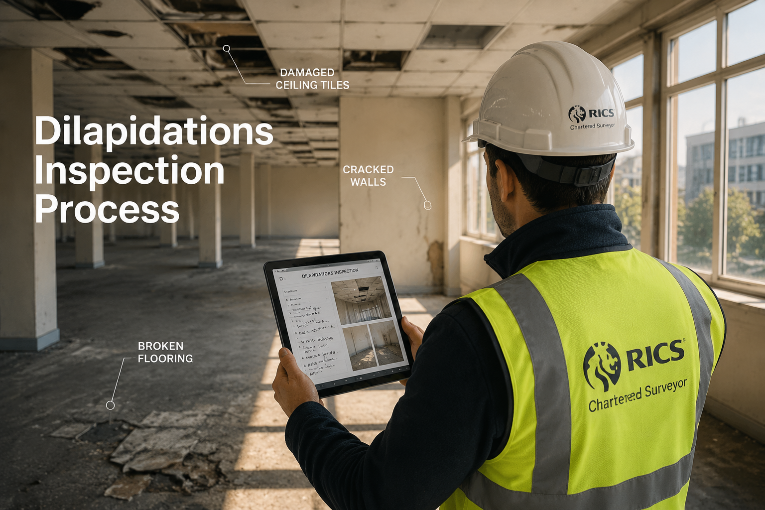 () editorial image showing a RICS-qualified chartered surveyor in a hard hat and high-visibility vest conducting a detailed