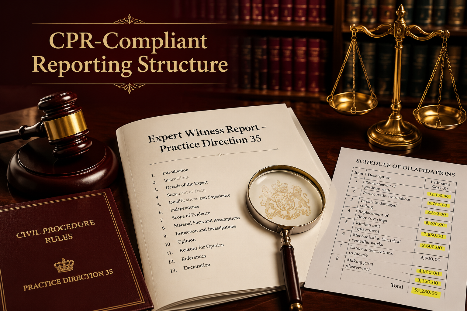 () concept illustration showing a formal legal document titled 'Expert Witness Report – Practice Direction 35' open on a