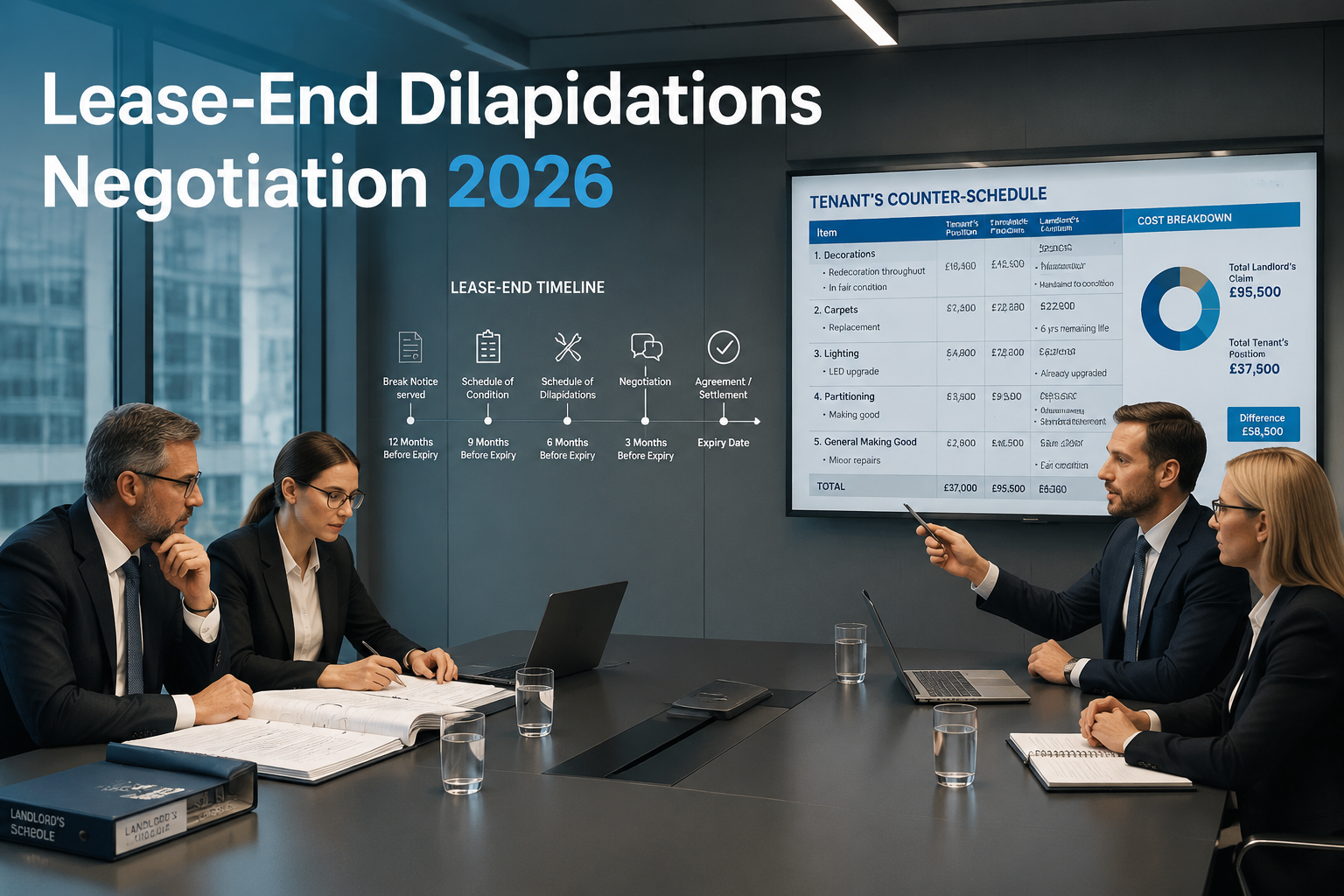 () split-scene image depicting a lease-end negotiation meeting in a modern glass-walled boardroom. On the left, a landlord