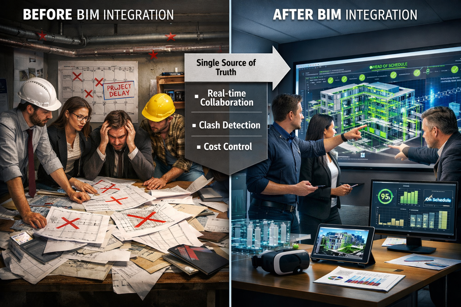 Detailed landscape format (1536x1024) split-comparison image showing 'Before BIM Integration' versus 'After BIM Integration' for constructio