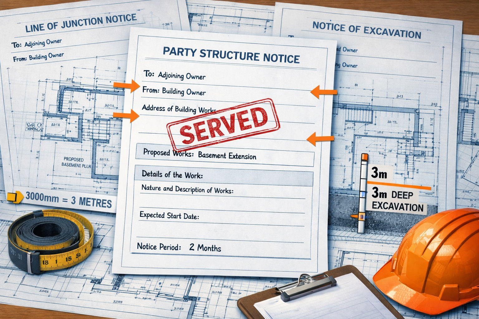 () detailed illustration showing three distinct types of party wall notice documents laid out on architectural blueprints.