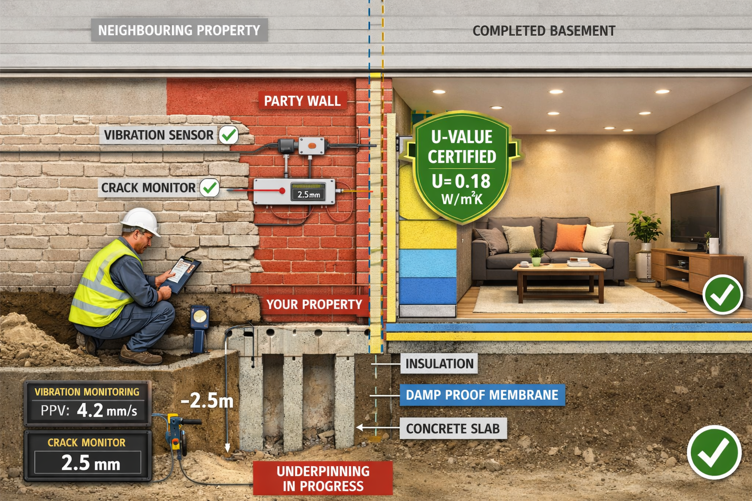 () cutaway technical diagram showing basement extension construction process with vibration monitoring equipment installed.