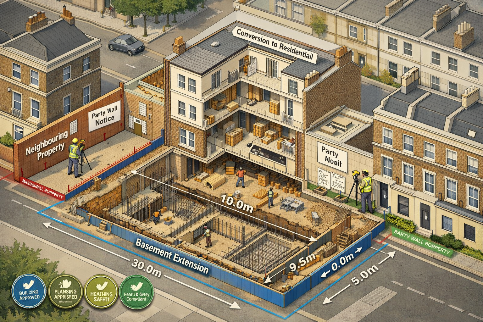 () bird's-eye view architectural rendering of London street showing office building undergoing conversion to residential