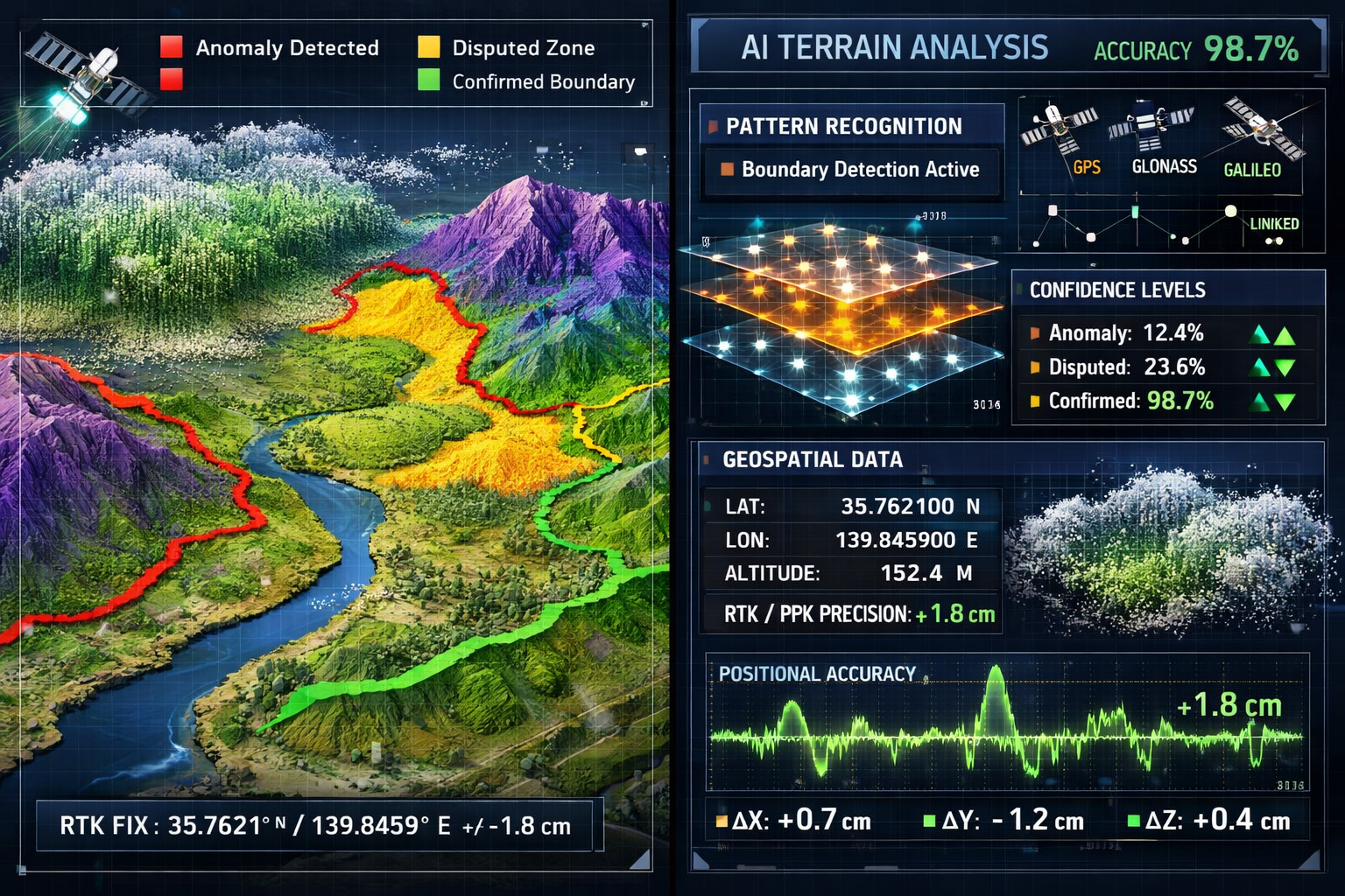 Detailed landscape format (1536x1024) image showing advanced AI terrain classification system in action. Split-screen composition with left