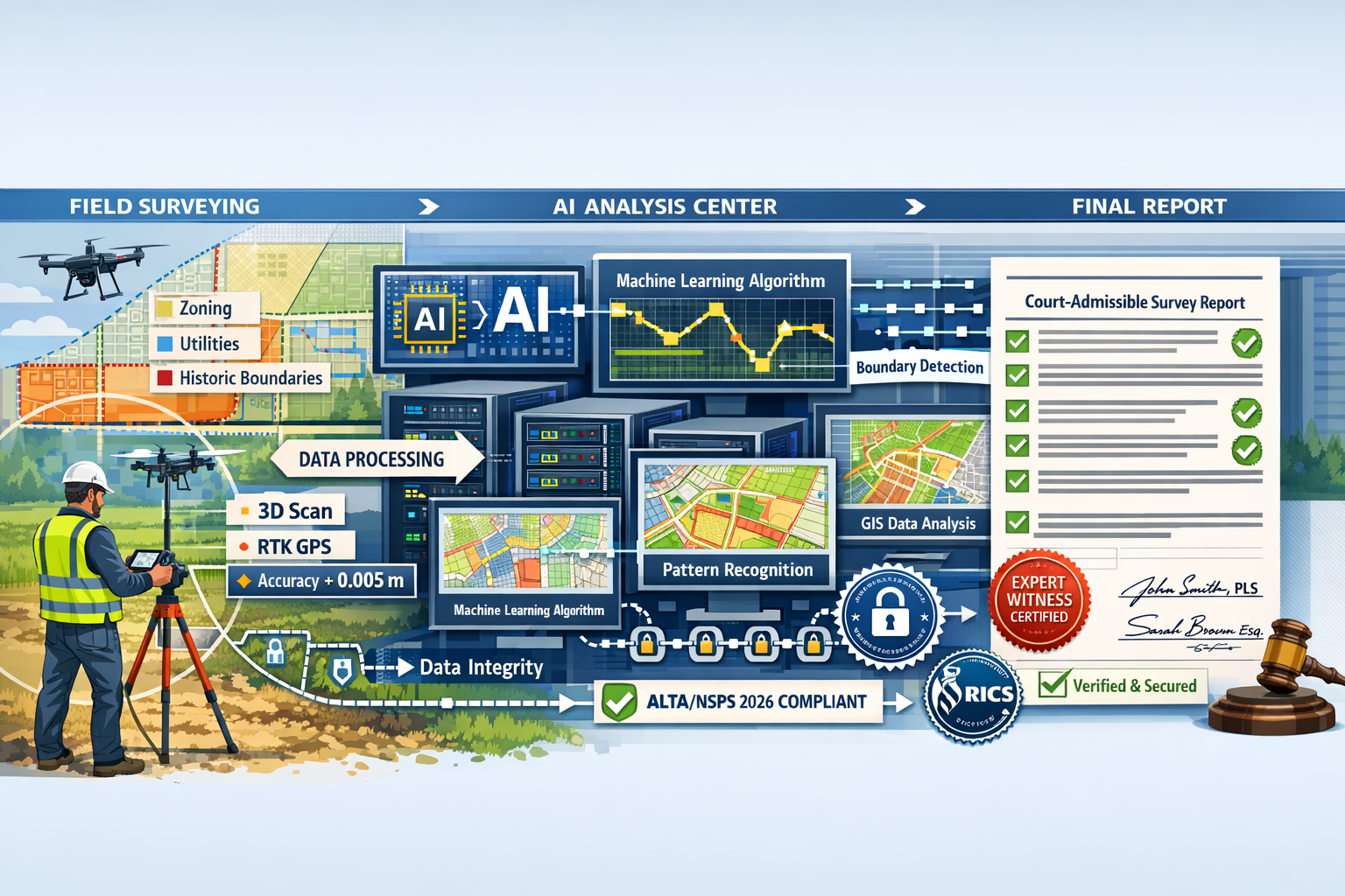 Detailed landscape format (1536x1024) image showing comprehensive AI-enhanced surveying workflow from field to courtroom. Timeline-style com