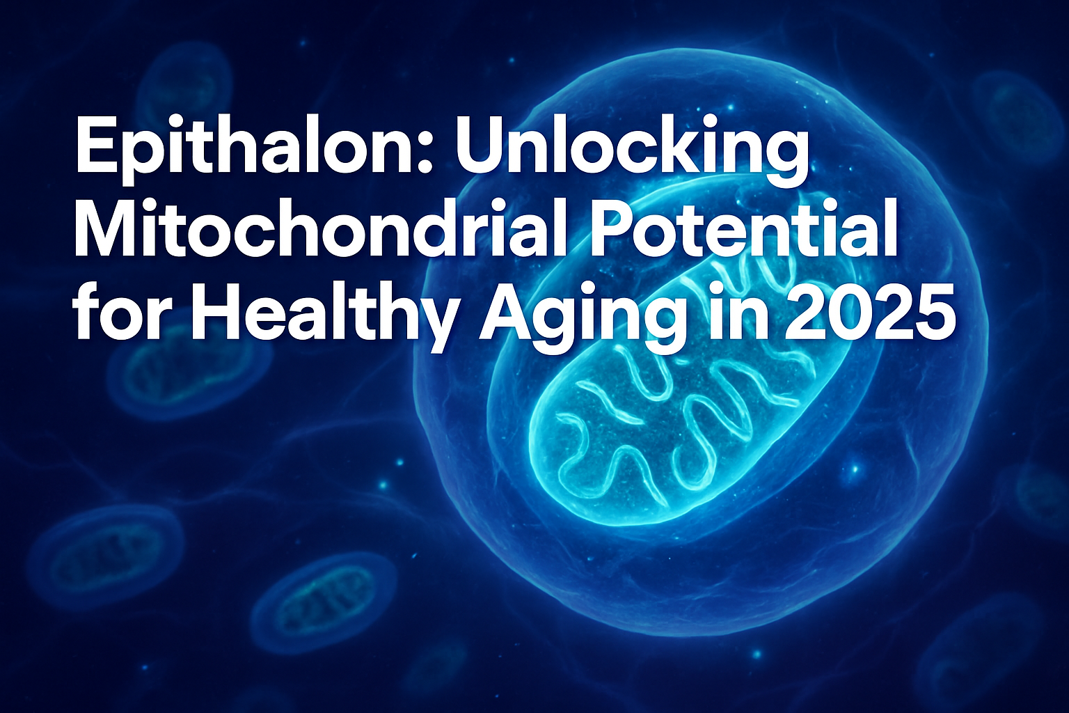 Professional landscape hero image (1536x1024) with bold text overlay: 'Epithalon: Unlocking Mitochondrial Potential for Healthy Aging in 202