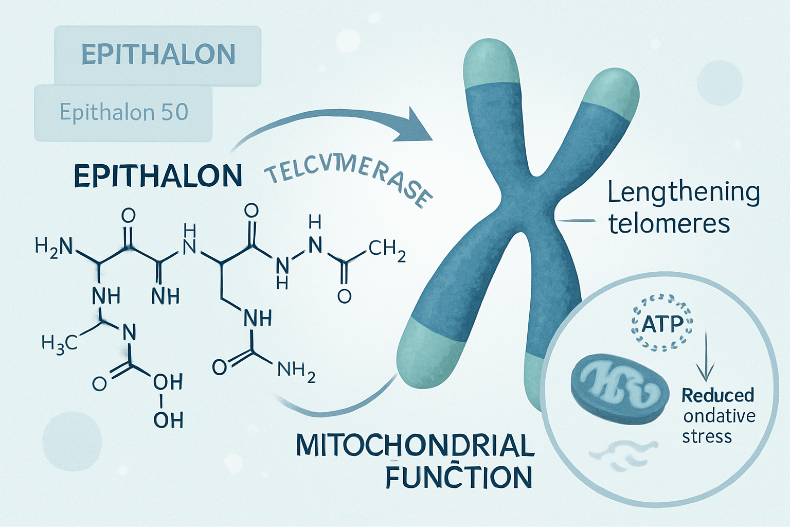 A detailed infographic illustrating the molecular structure of Epithalon and its interaction with telomerase, showing a chromosome with leng