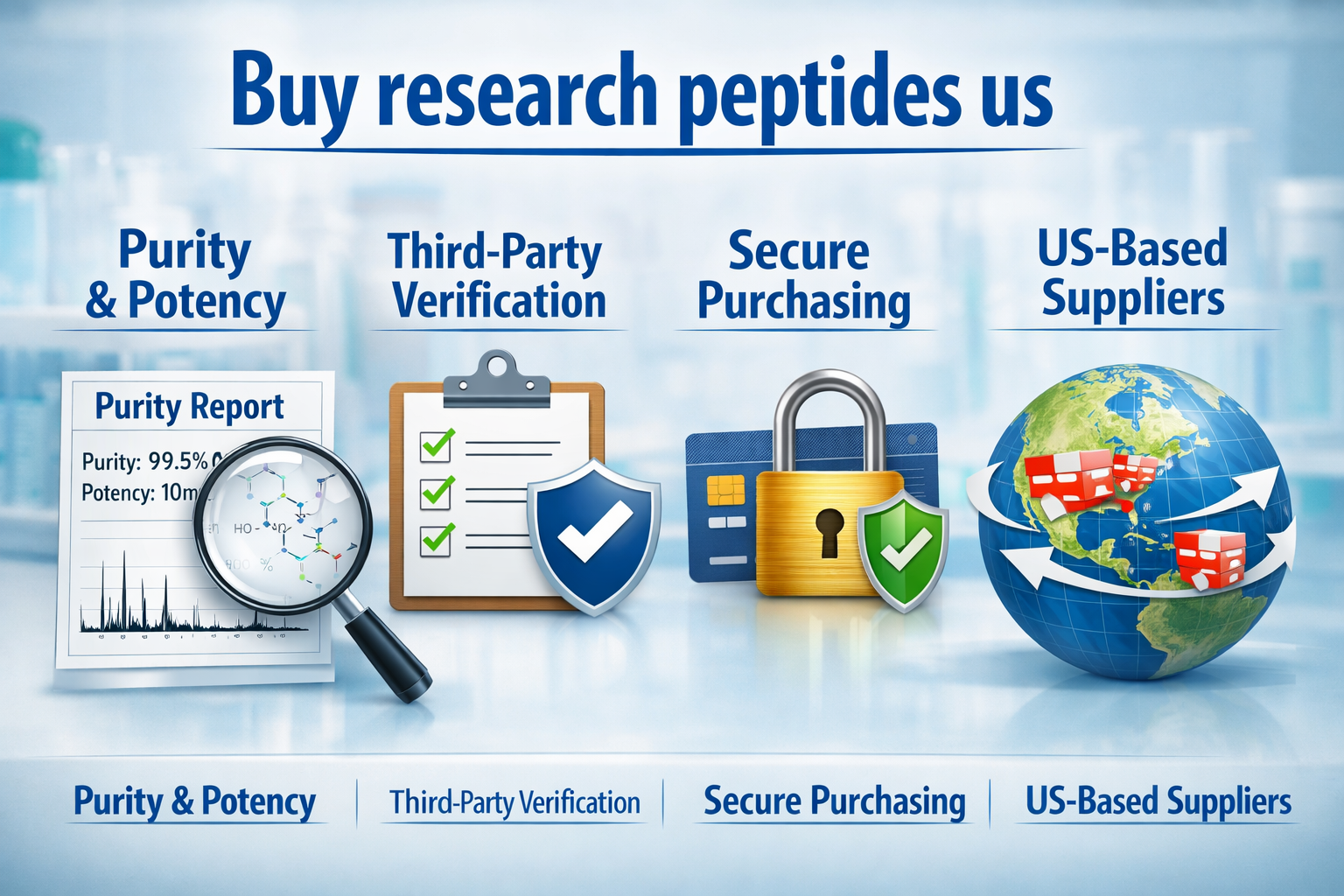An intricate infographic (1536x1024, landscape) detailing the key factors for sourcing quality research peptides in the US. Visual elements 