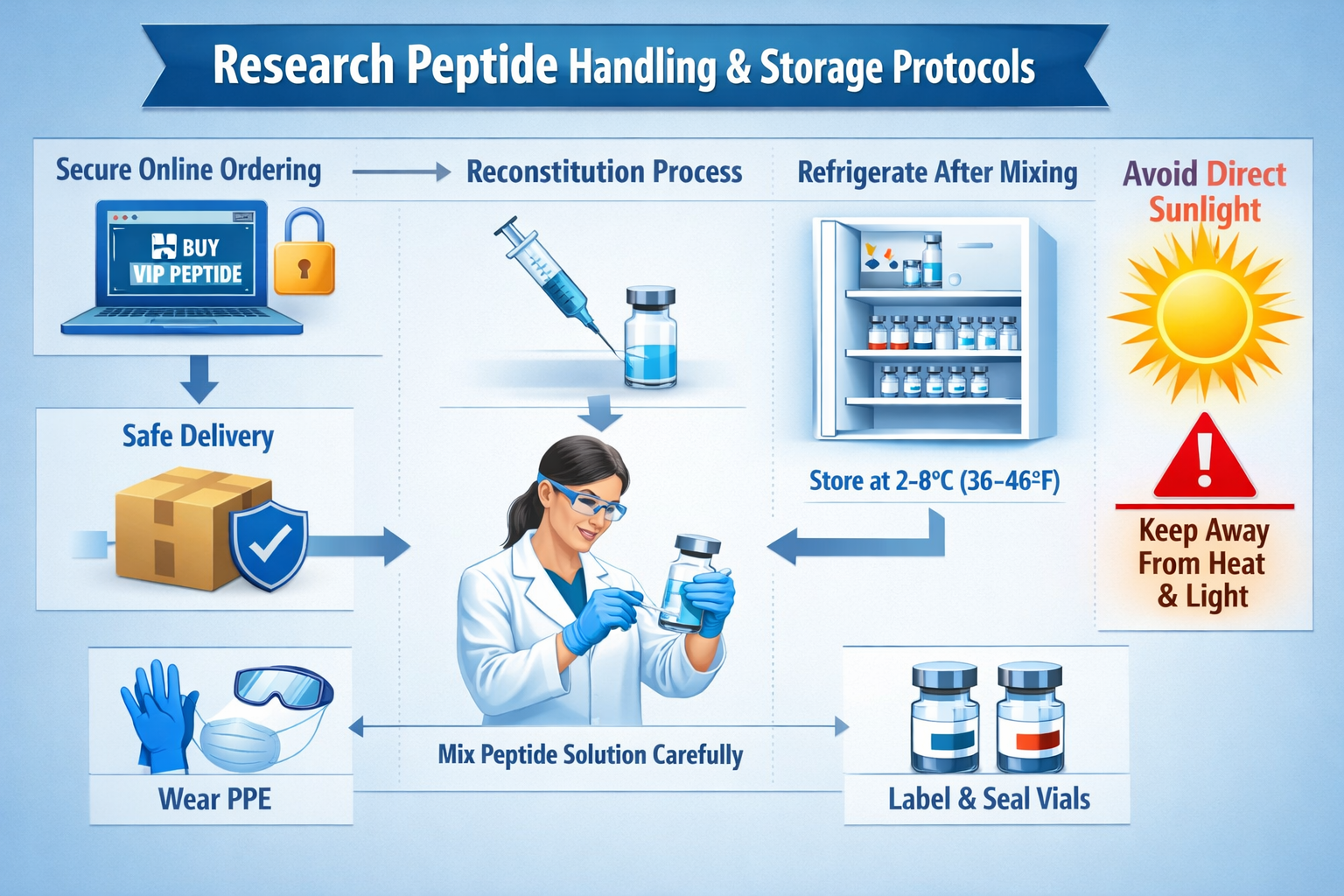 A clear and concise flowchart (1536x1024, landscape) illustrating the safe handling and storage protocols for research peptides, specificall