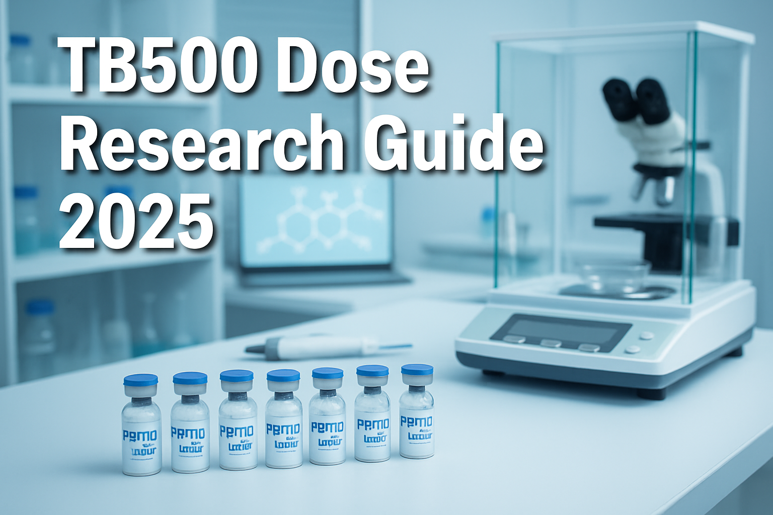 Professional landscape laboratory image (1536x1024) with bold text overlay 'TB500 Dose Research Guide 2025' in 72pt white sans-serif font wi