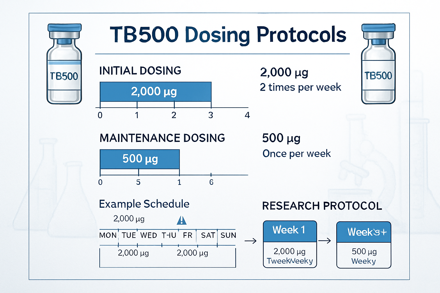 Scientific infographic showing TB500 dosing protocols with detailed charts, measurement scales, and timeline graphics. Visual elements inclu