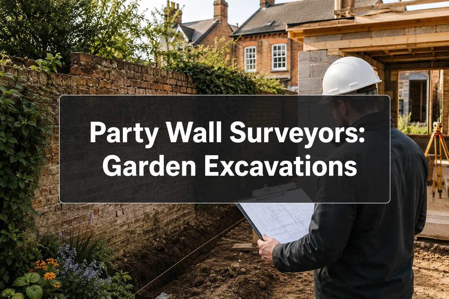 Professional () hero image with (≤42 chars): 'Party Wall Surveyors: Garden Excavations', white on a deep charcoal