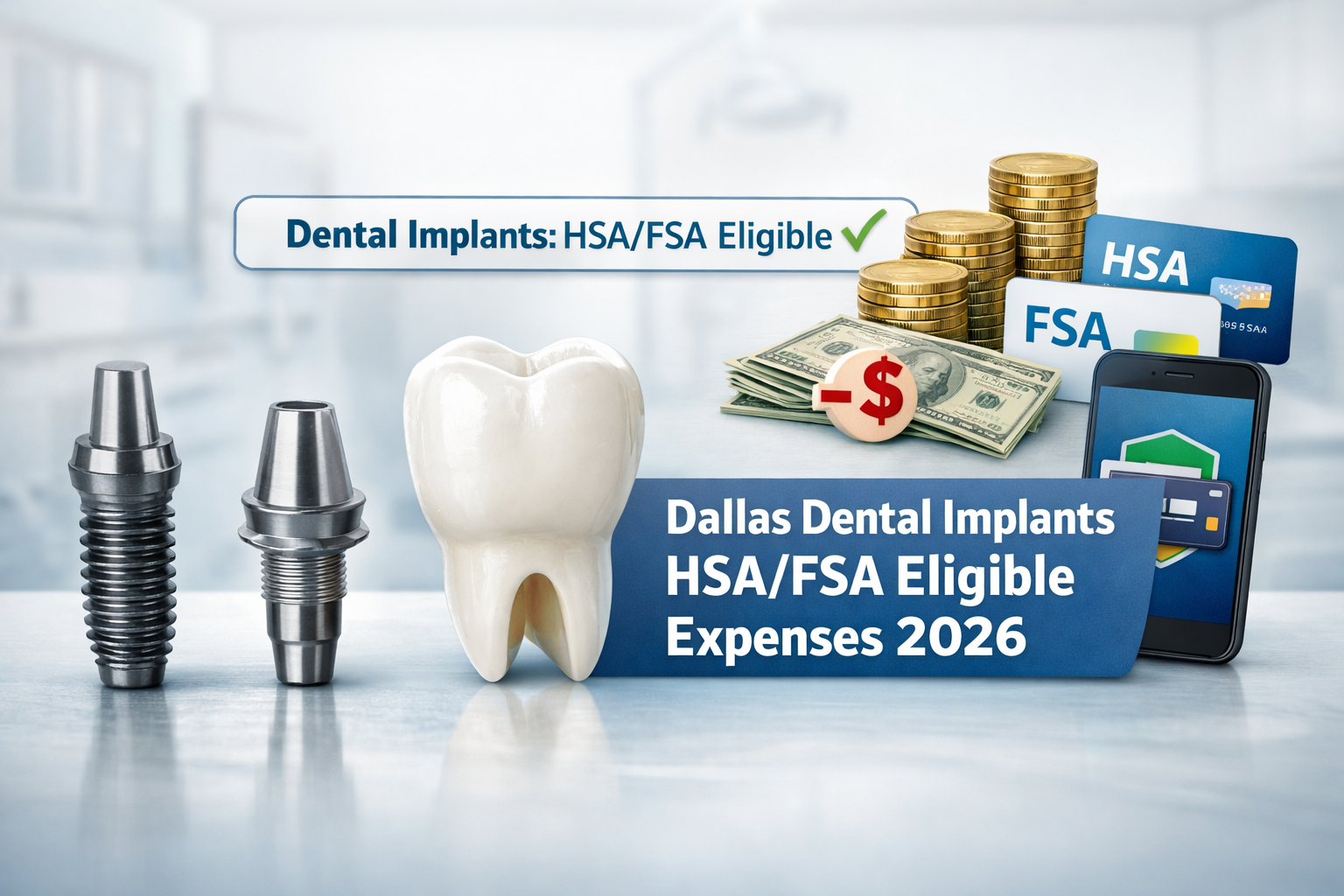 Detailed landscape format (1536x1024) image illustrating various dental implant components (titanium post, abutment, crown) alongside a visu