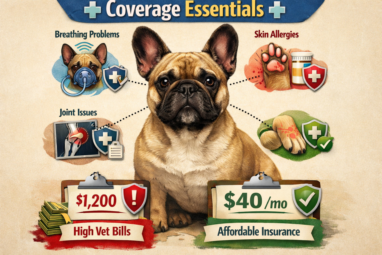Portrait format (1024x1536) illustration of French Bulldog with common health conditions icons (breathing problems, joint issues, skin aller