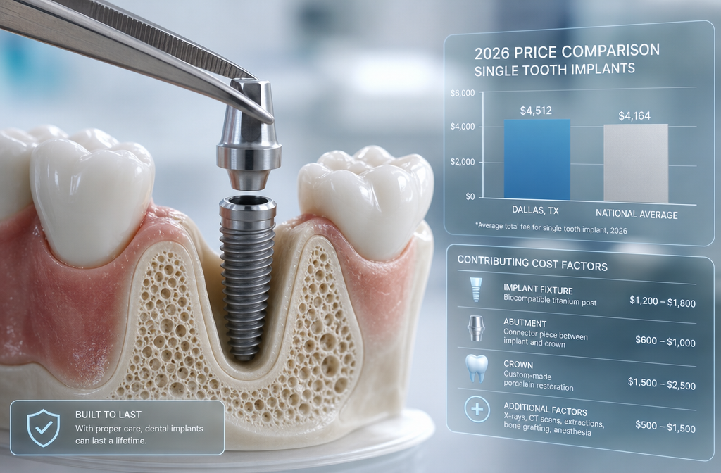A close-up, sterile, and professional landscape image showing a single dental implant being carefully placed into a jawbone