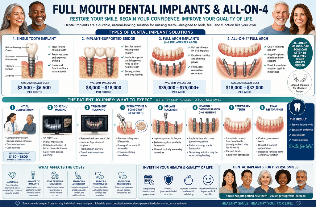 A detailed and comprehensive landscape infographic illustrating the various components and stages involved in full mouth