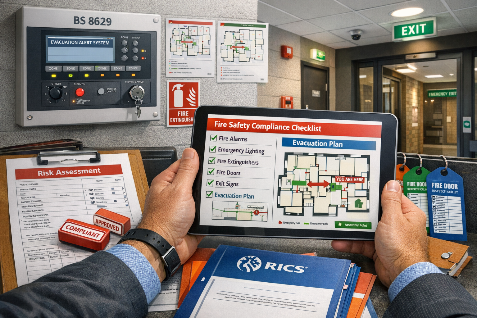 Detailed () image showing close-up of building surveyor's hands holding digital tablet displaying fire safety compliance